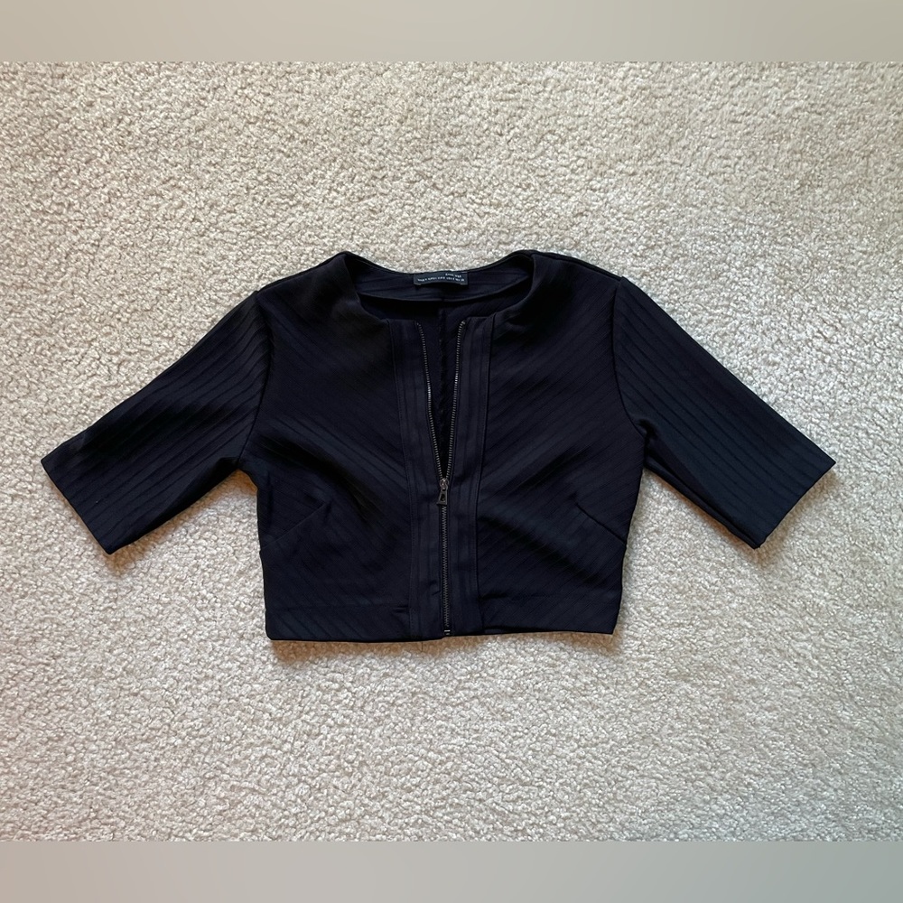 ZARA - Fitted Zip Up Crop Top - Black- Small